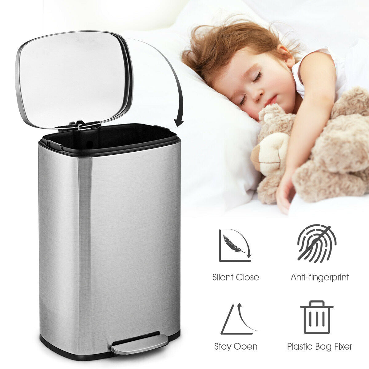 13.2 Gallon Stainless Steel Trash Garbage Can with Bucket, Silver Kitchen Organization at Gallery Canada