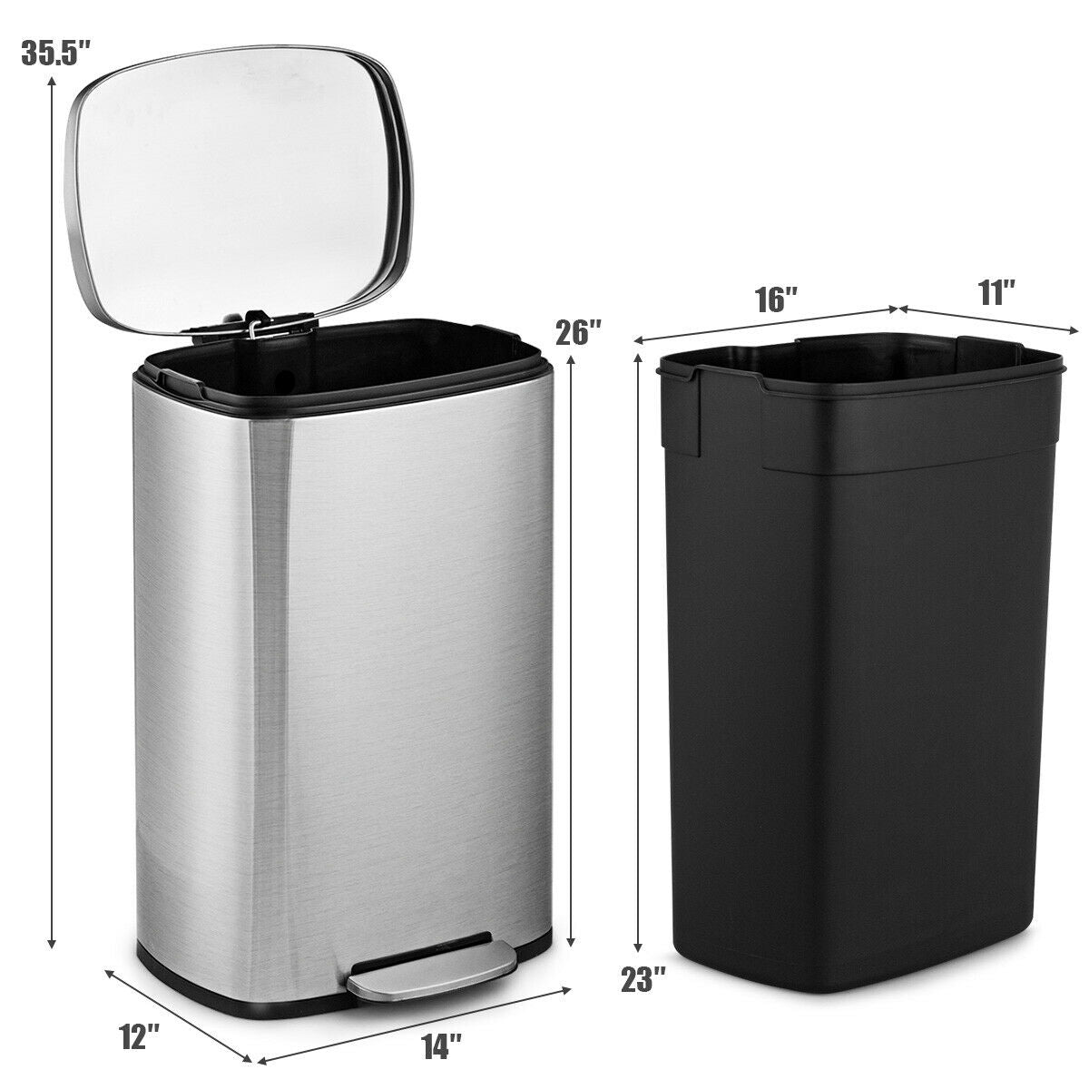 13.2 Gallon Stainless Steel Trash Garbage Can with Bucket, Silver Kitchen Organization at Gallery Canada