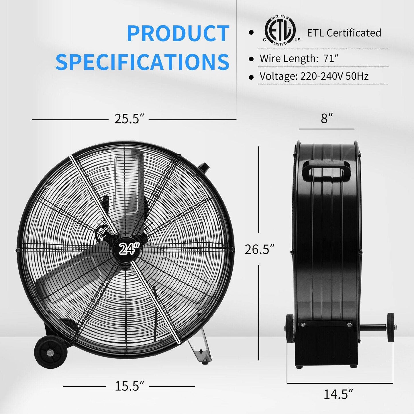 3-Speed 24 Inch Industrial Drum Fan with Aluminum Blades, Black