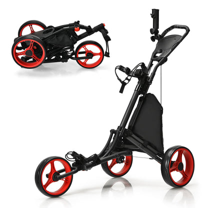 Folding 3 Wheels Golf Push Cart with Bag Scoreboard Adjustable Handle, Red - Gallery Canada