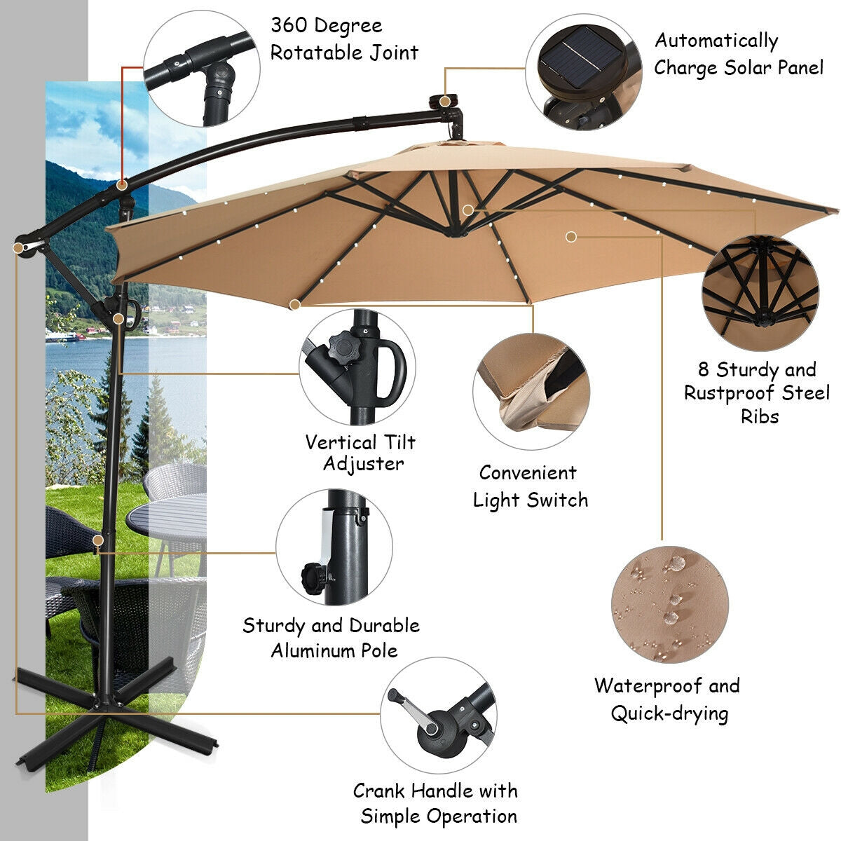 10 ft 360° Rotation Solar Powered LED Patio Offset Umbrella without Weight Base, Beige Outdoor Umbrellas at Gallery Canada