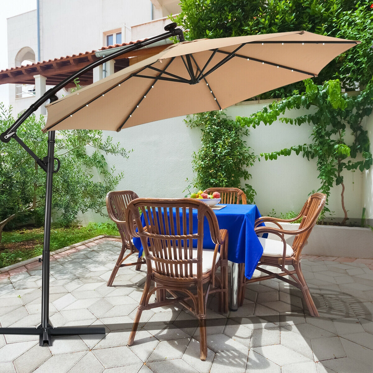 10 ft 360° Rotation Solar Powered LED Patio Offset Umbrella without Weight Base, Beige Outdoor Umbrellas at Gallery Canada