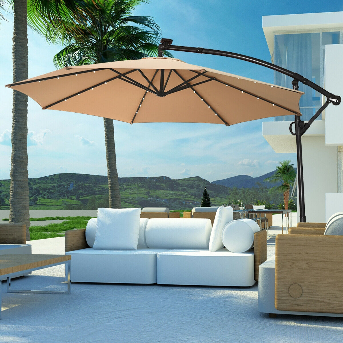 10 ft 360° Rotation Solar Powered LED Patio Offset Umbrella without Weight Base, Beige Outdoor Umbrellas at Gallery Canada