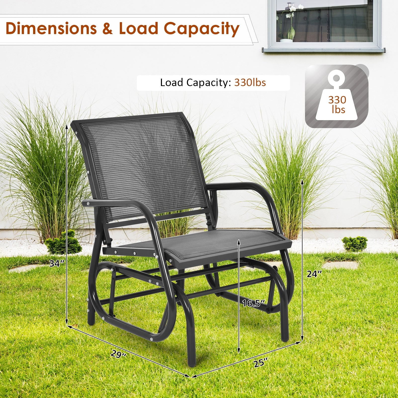 Outdoor Single Swing Glider Rocking Chair with Armrest, Gray Patio Rocking Chairs & Gliders at Gallery Canada