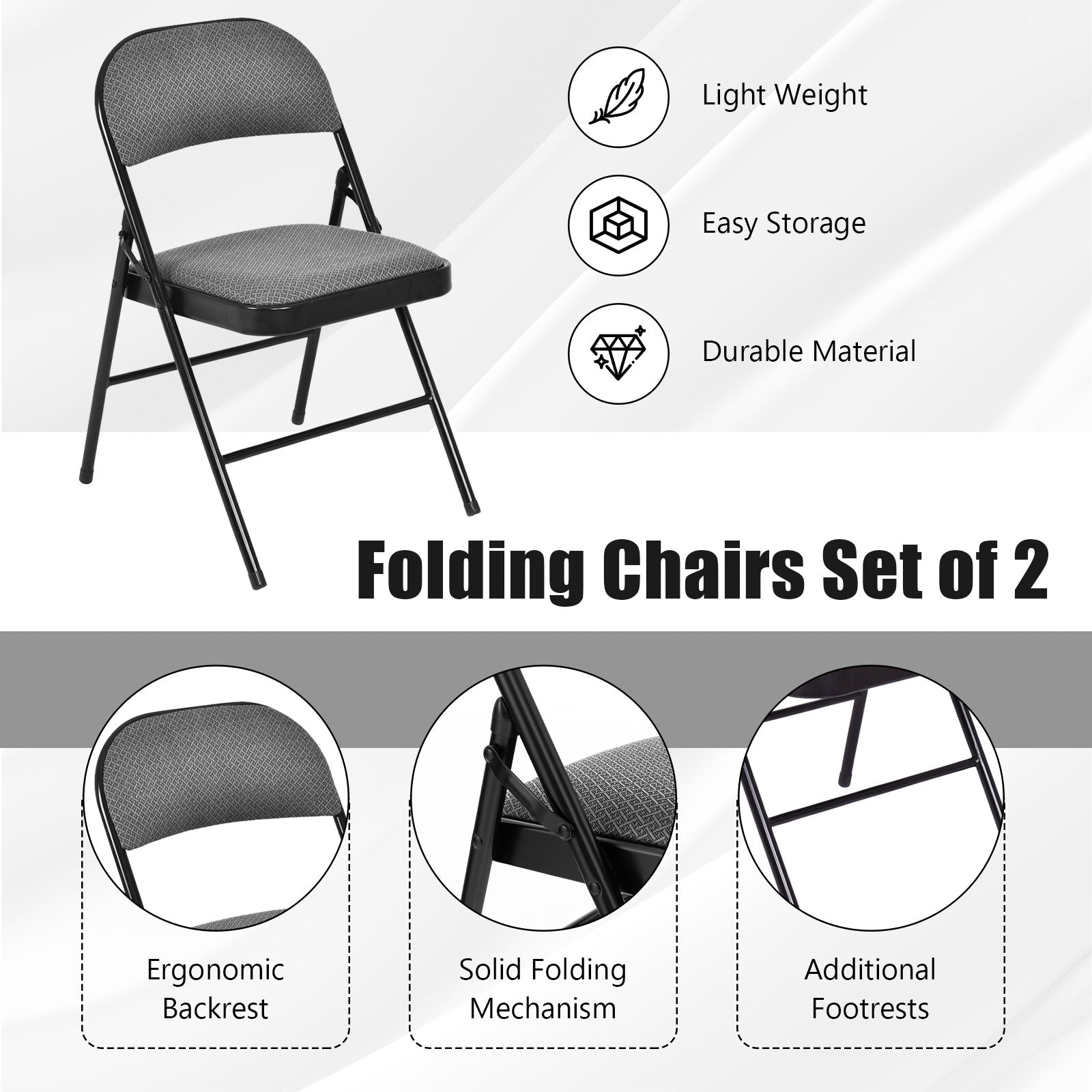 2 PCS Folding Chair Set, Upholstered Seat, Fabric Backrest, Black Chairs at Gallery Canada