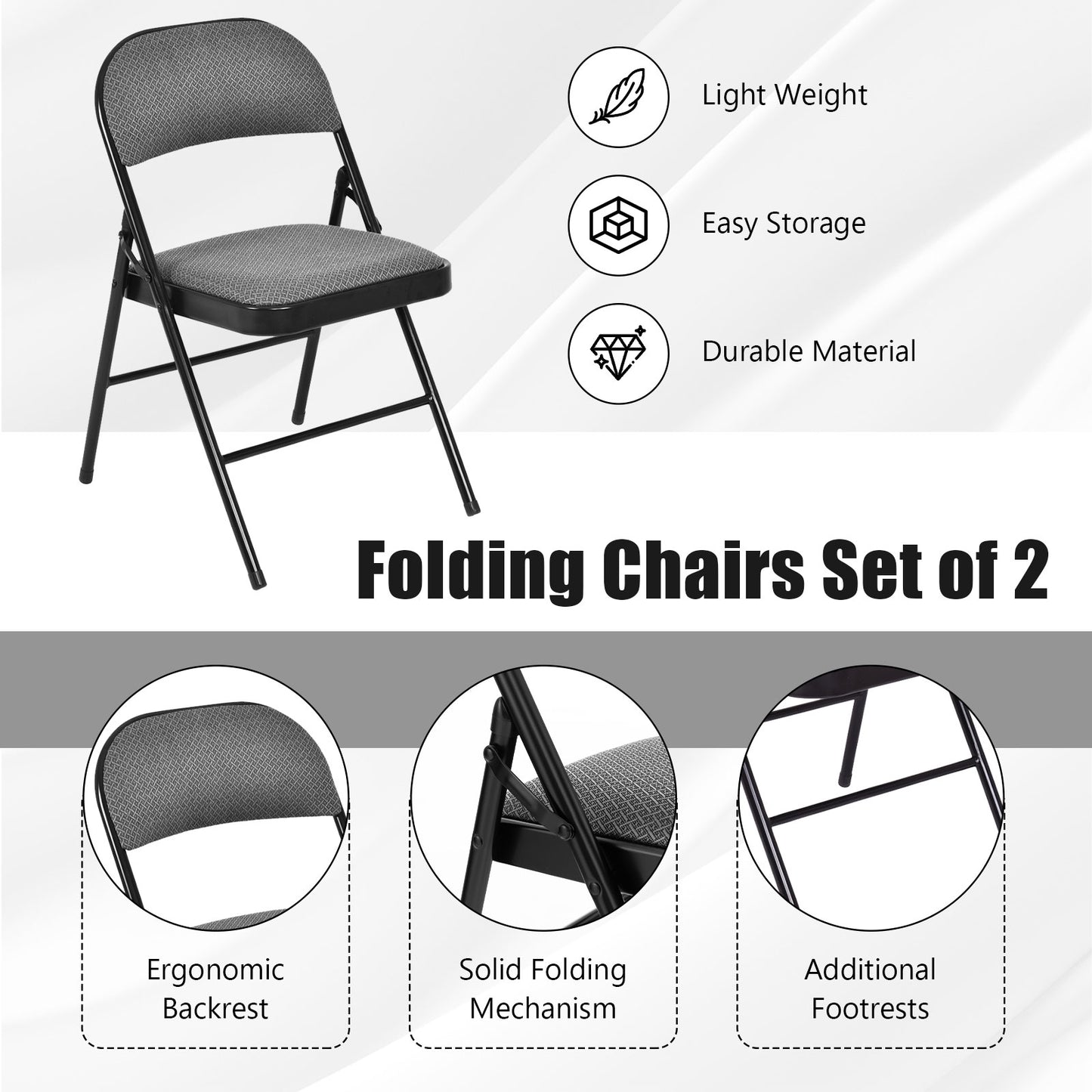2 PCS Folding Chair Set, Upholstered Seat, Fabric Backrest, Black Chairs at Gallery Canada