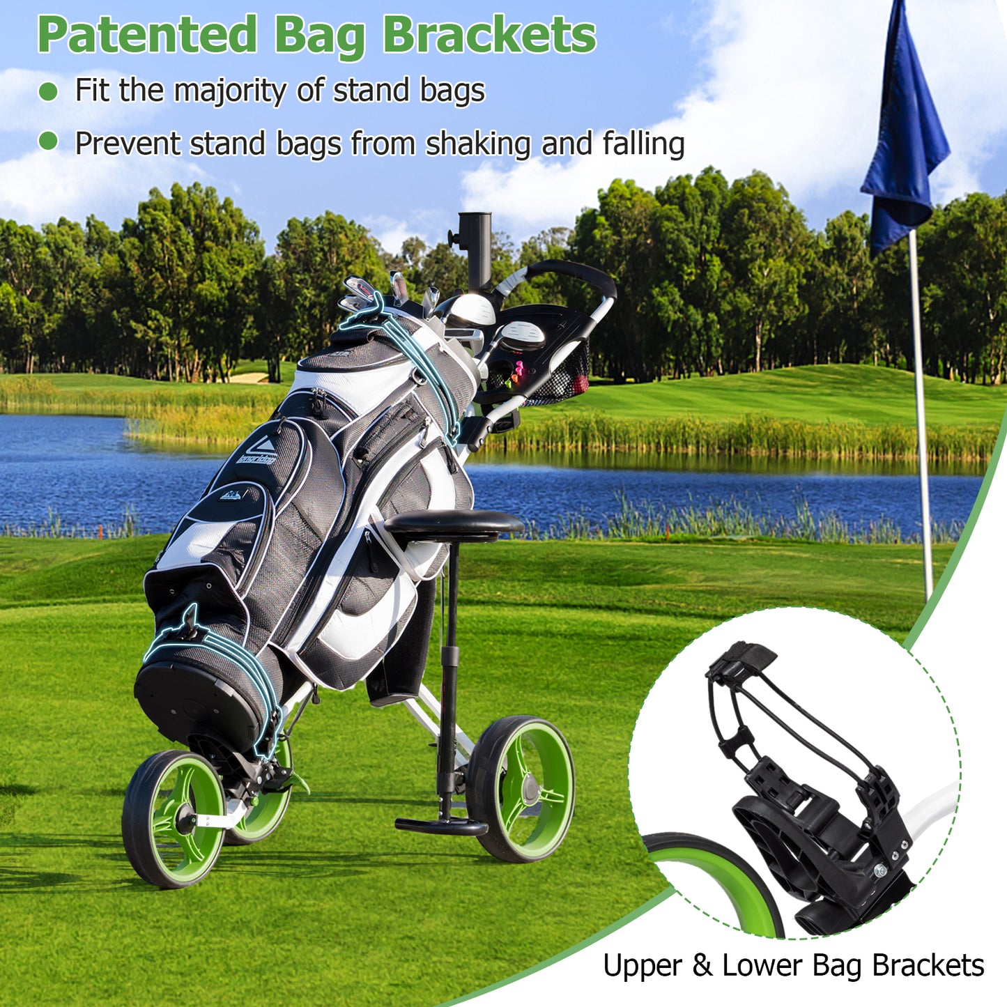 Foldable 3 Wheel Golf Trolley With Scoreboard Bag, Green Golf at Gallery Canada