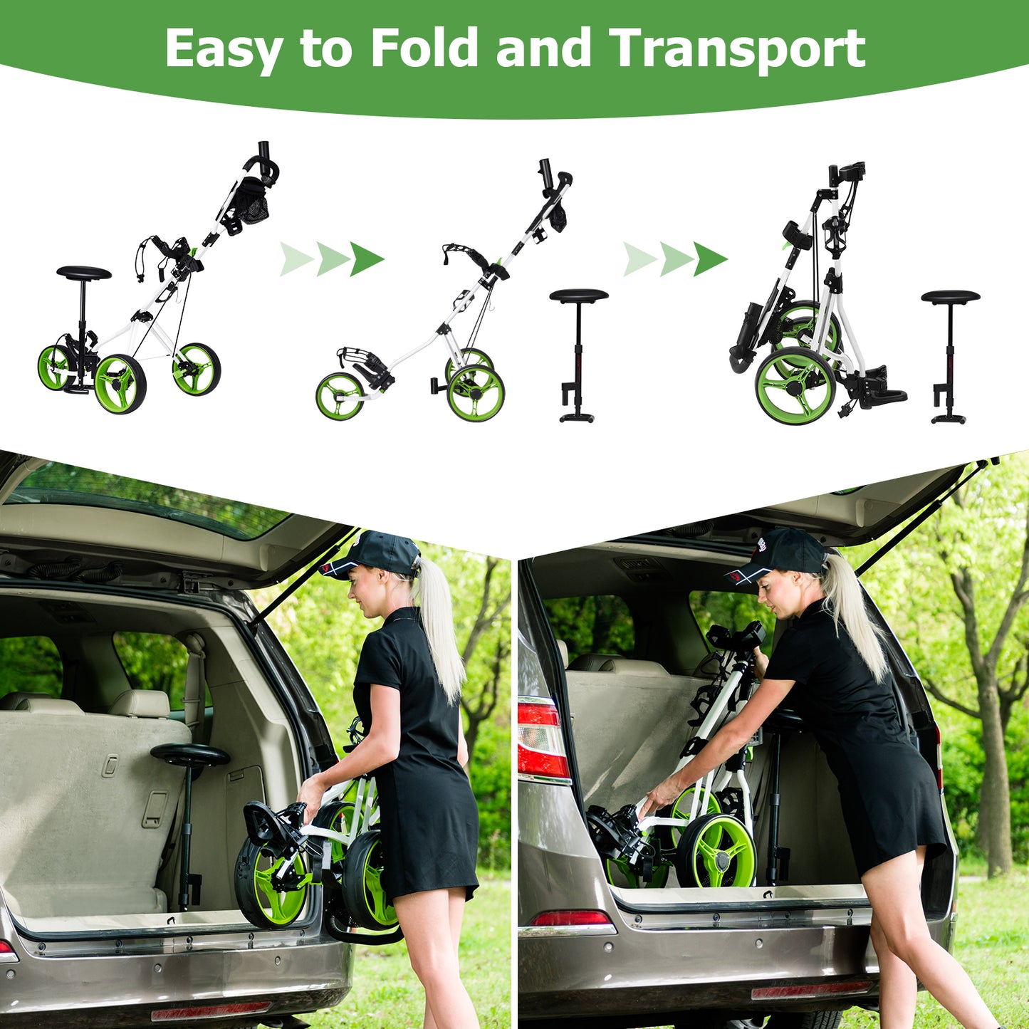 Foldable 3 Wheel Golf Trolley With Scoreboard Bag, Green Golf at Gallery Canada