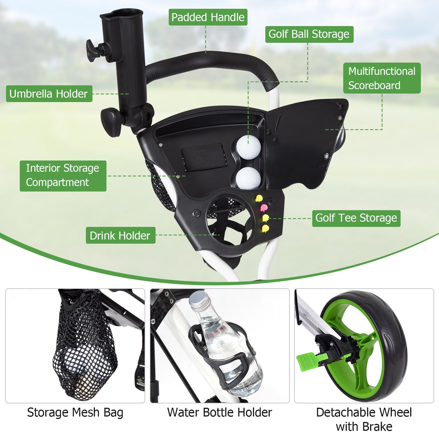 Foldable 3 Wheel Golf Trolley With Scoreboard Bag, Green Golf at Gallery Canada
