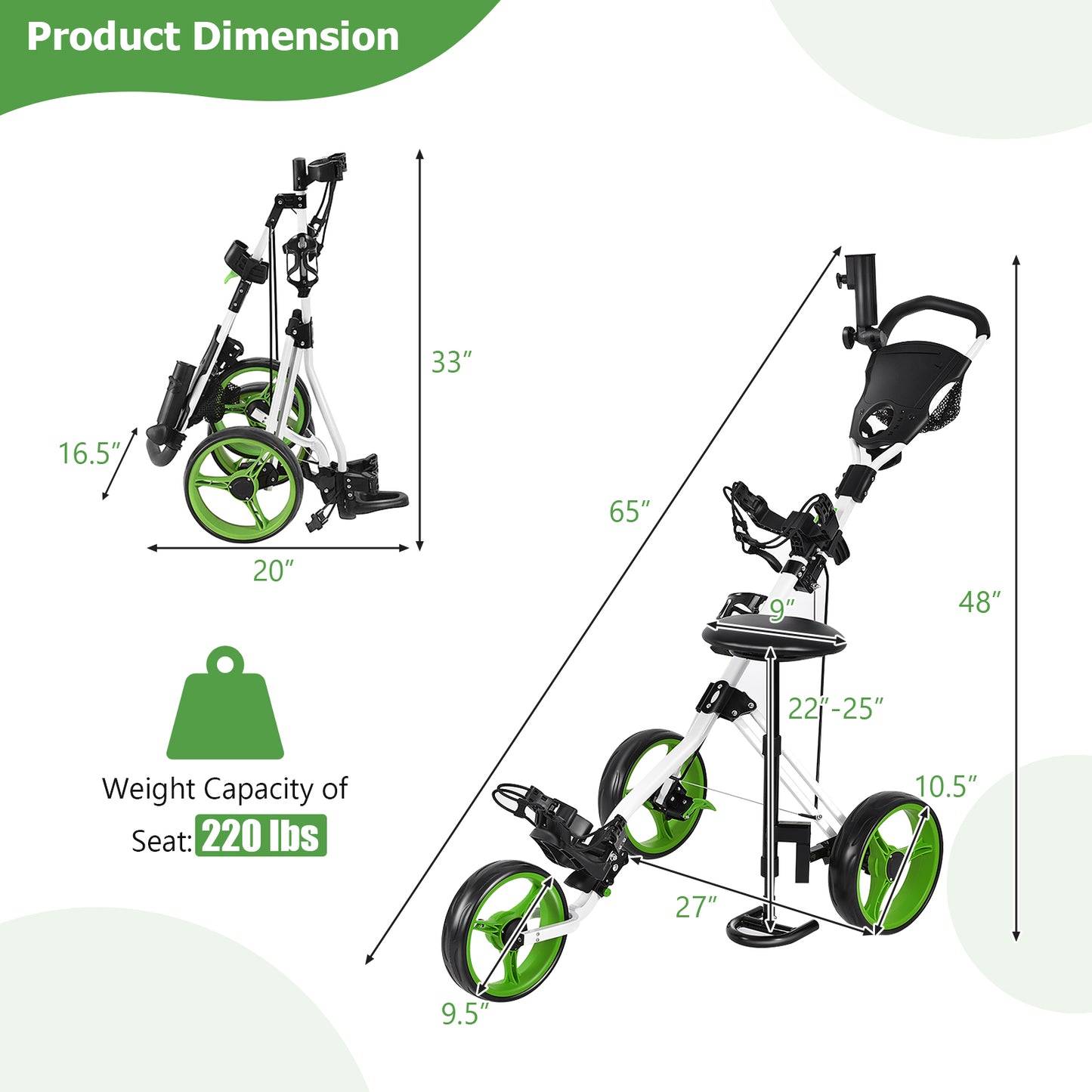 Foldable 3 Wheel Golf Trolley With Scoreboard Bag, Green Golf at Gallery Canada