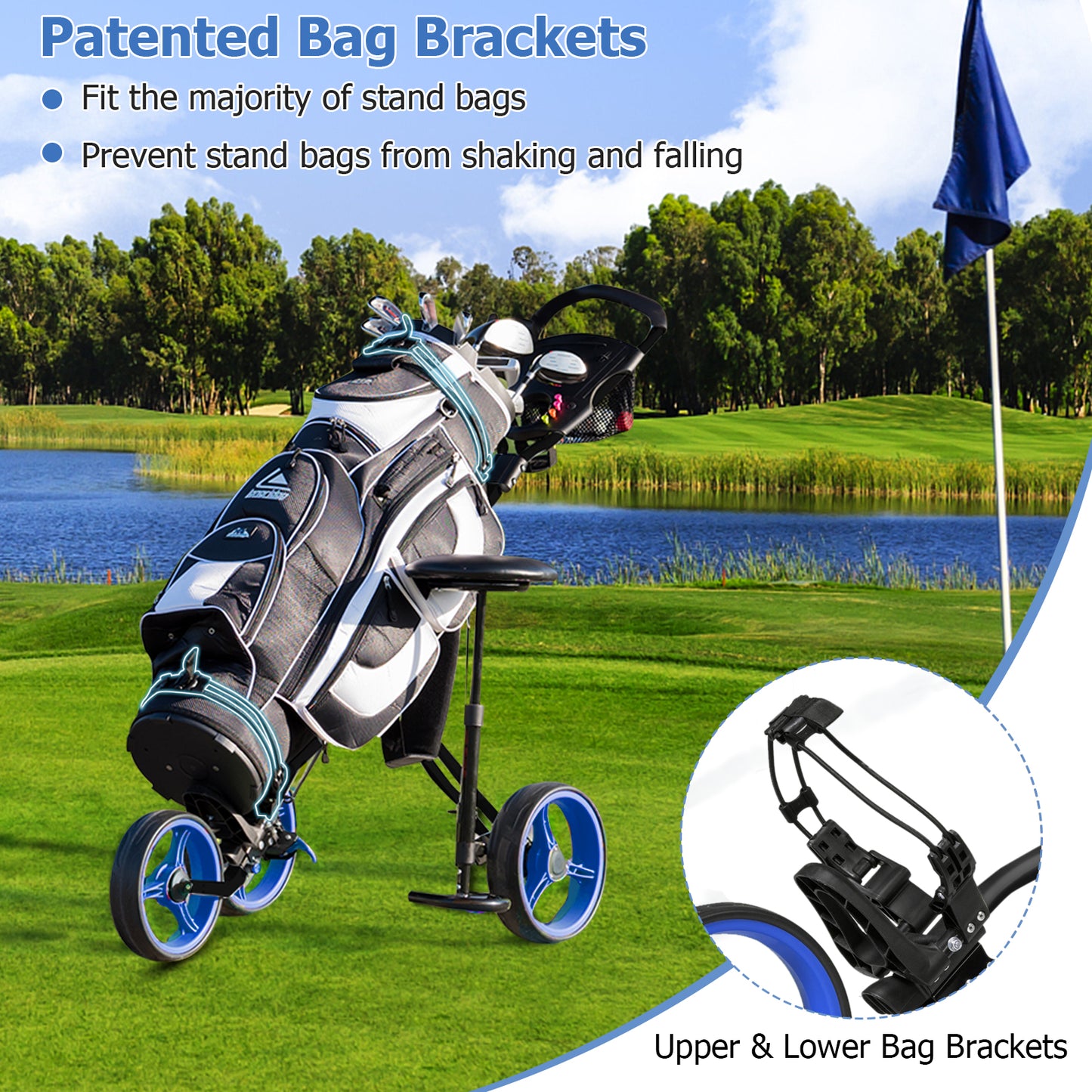 Foldable 3 Wheels Push Pull Golf Trolley with Scoreboard Bag, Navy Golf at Gallery Canada