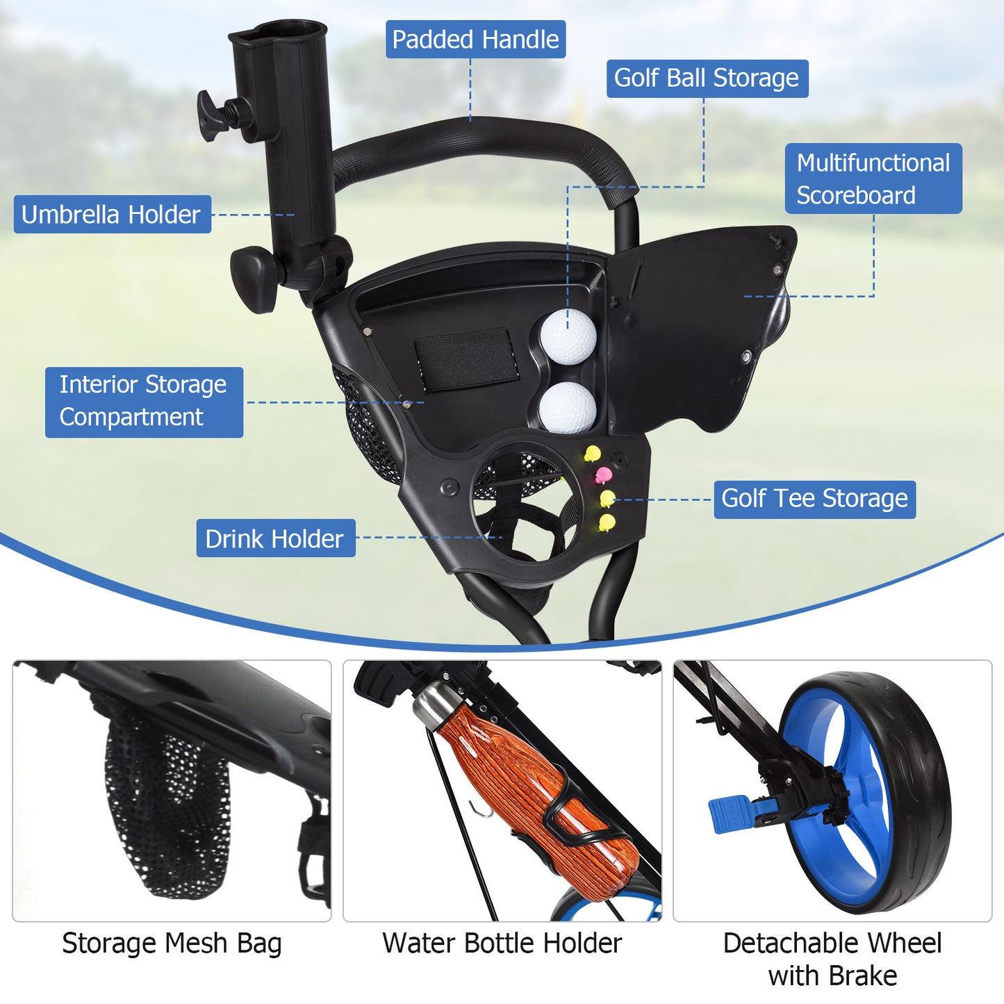 Foldable 3 Wheels Push Pull Golf Trolley with Scoreboard Bag, Navy Golf at Gallery Canada
