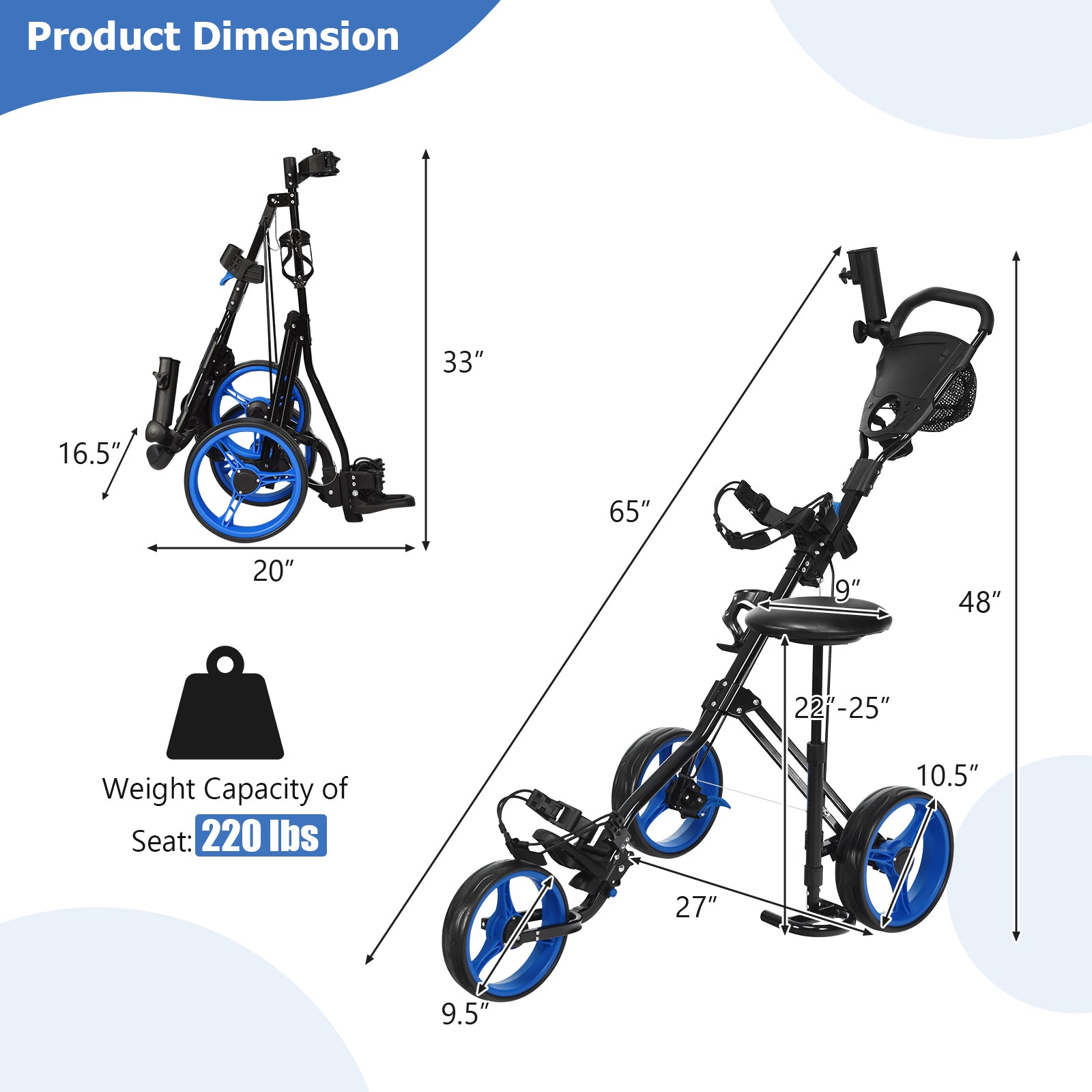 Foldable 3 Wheels Push Pull Golf Trolley with Scoreboard Bag, Navy Golf at Gallery Canada