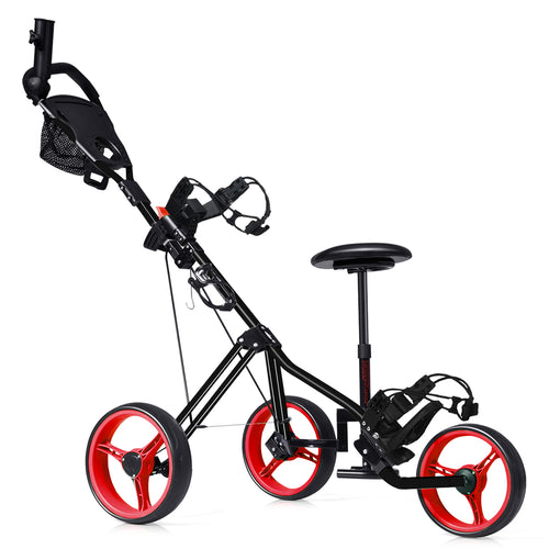 Foldable 3 Wheels Push Pull Golf Trolley with Scoreboard Bag, Red