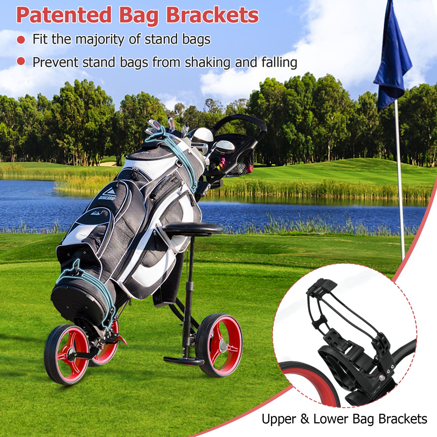 Foldable 3 Wheels Push Pull Golf Trolley with Scoreboard Bag, Red Golf at Gallery Canada
