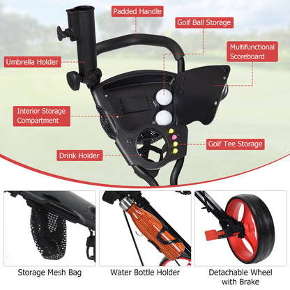 Foldable 3 Wheels Push Pull Golf Trolley with Scoreboard Bag, Red Golf at Gallery Canada