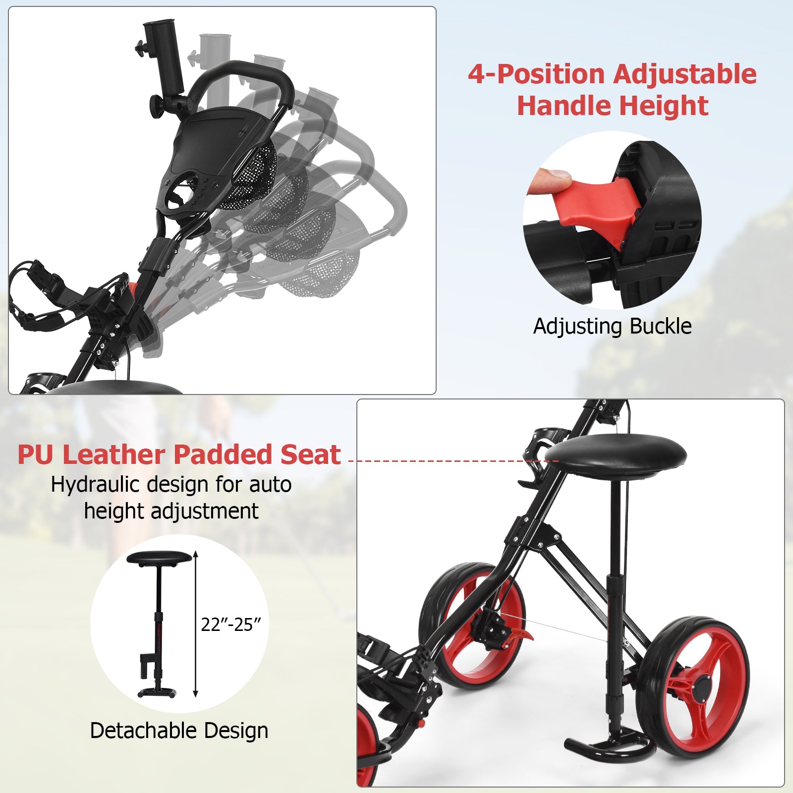 Foldable 3 Wheels Push Pull Golf Trolley with Scoreboard Bag, Red Golf at Gallery Canada