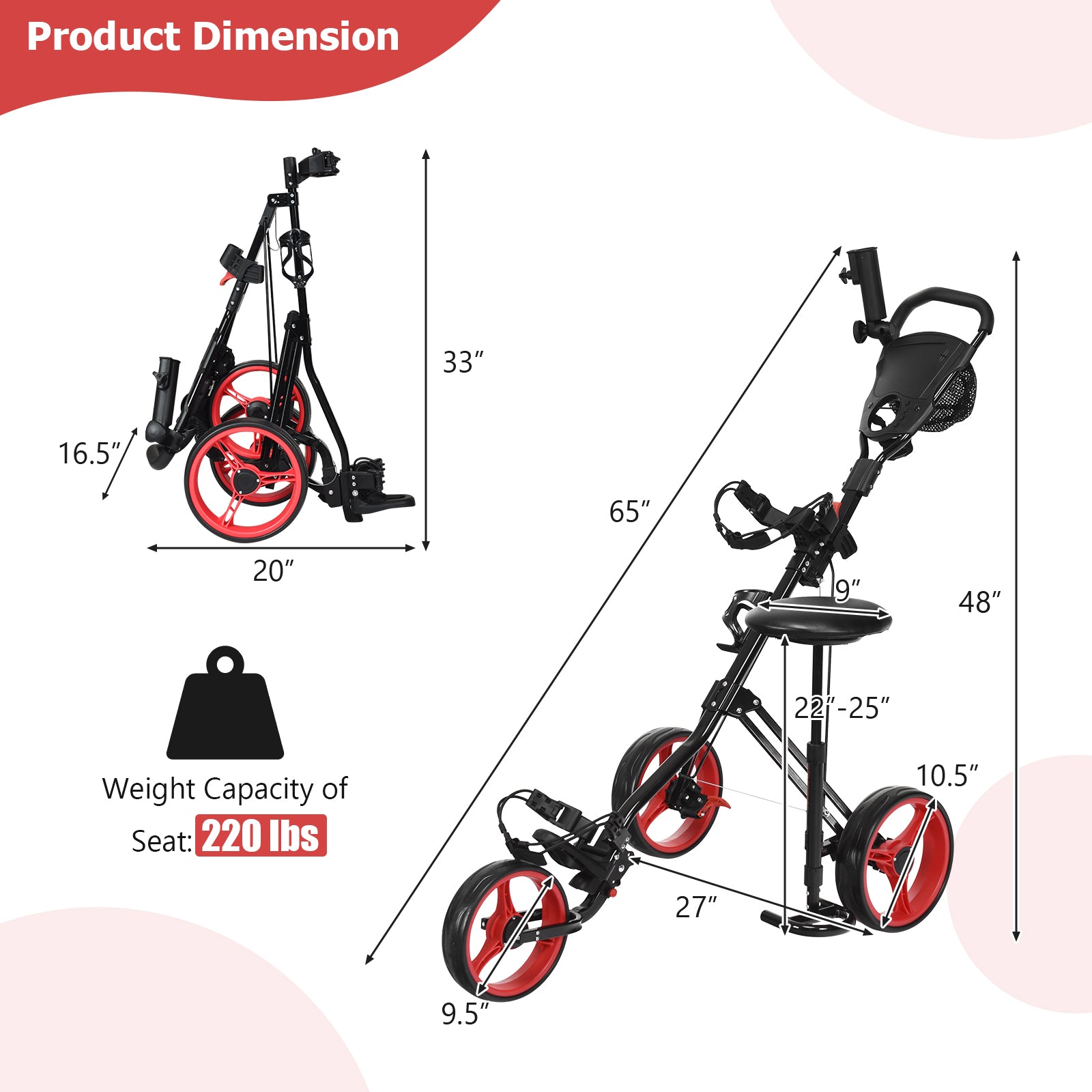 Foldable 3 Wheels Push Pull Golf Trolley with Scoreboard Bag, Red Golf at Gallery Canada
