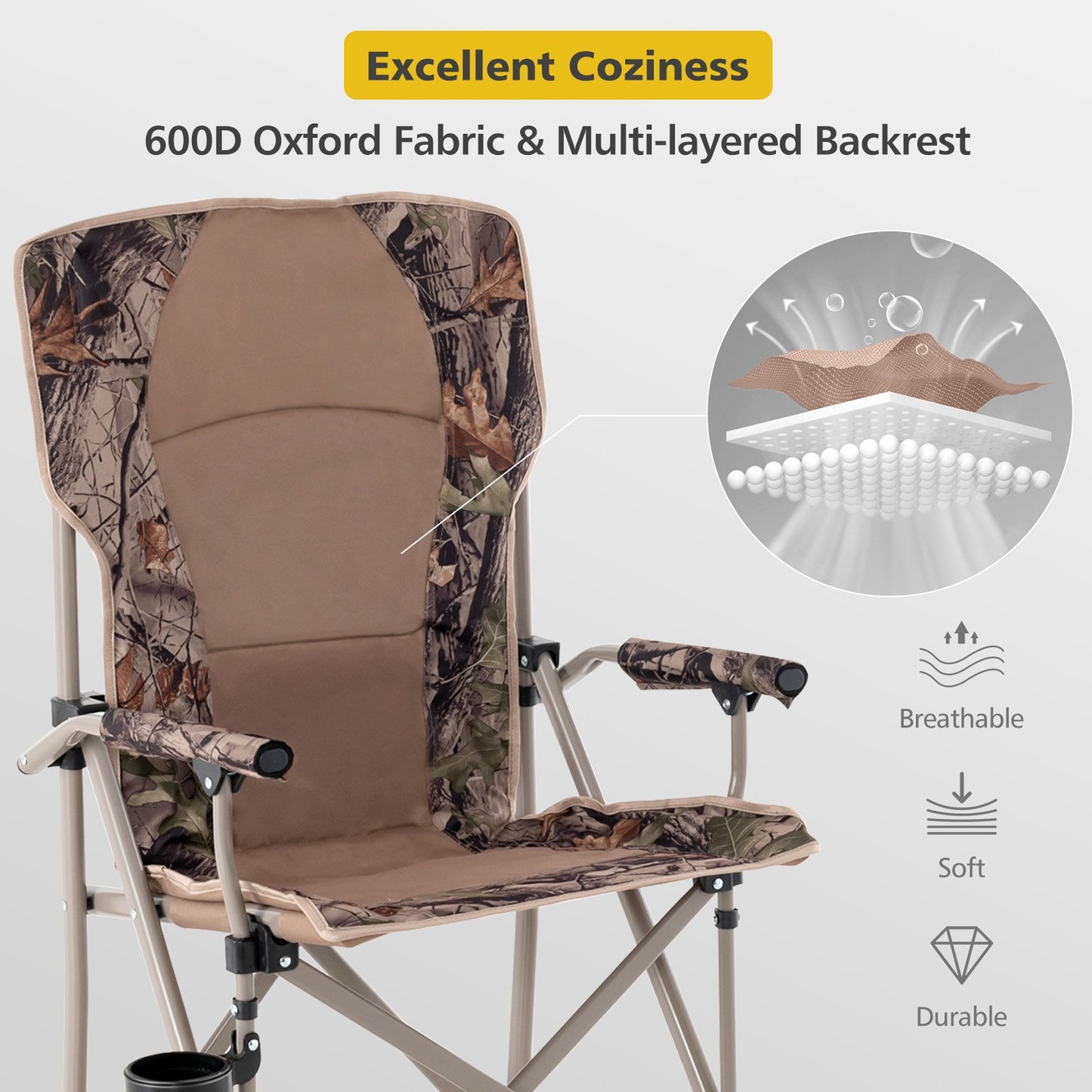 Portable Camping Chair with 400 LBS Metal Frame and Anti-Slip Feet, Brown