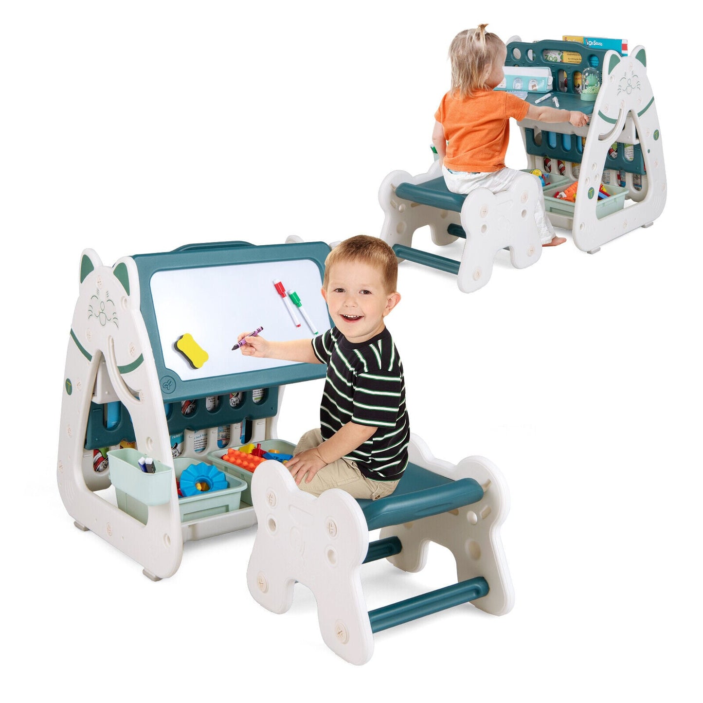 Double Sided Magnetic Dry-Erase Board With Stool, Green Art Easels Green at Gallery Canada