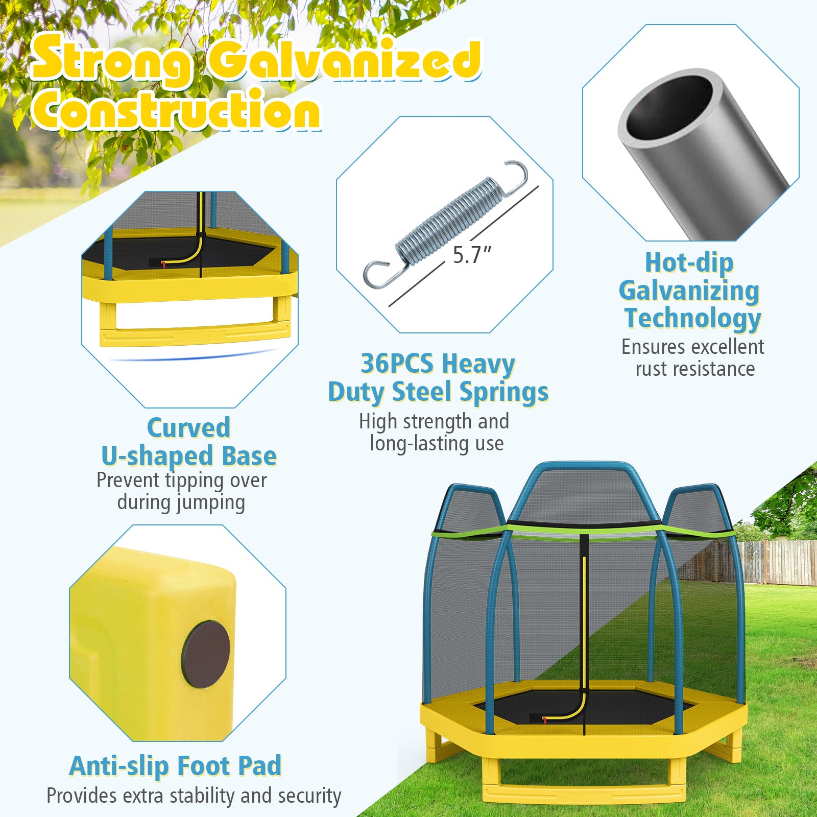 7 ft Kids Trampoline W/ Safety Enclosure Net, Yellow Trampolines at Gallery Canada