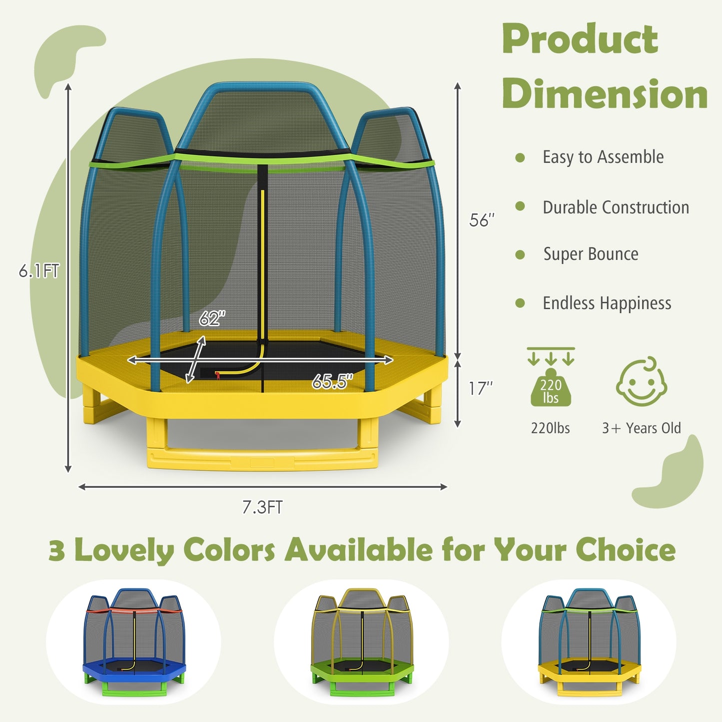 7 ft Kids Trampoline W/ Safety Enclosure Net, Yellow Trampolines at Gallery Canada