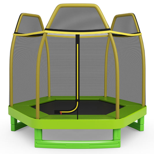 7FT Kids Trampoline With Safety Enclosure Net, Green