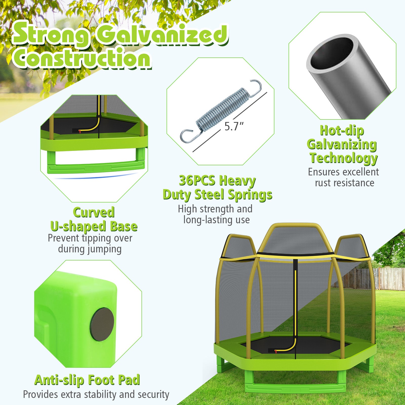 7FT Kids Trampoline with Safety Enclosure Net, Green Trampolines at Gallery Canada