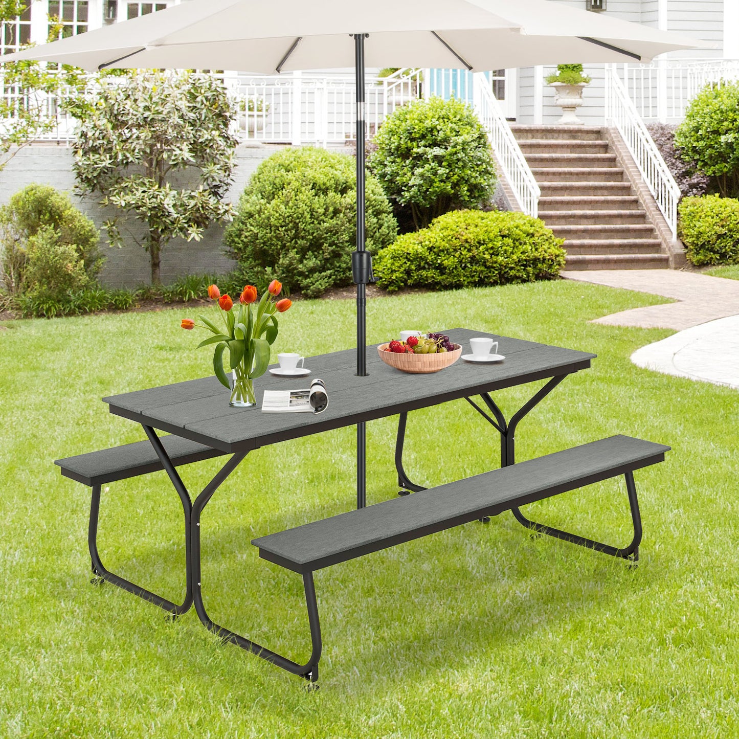 6 Feet Outdoor Picnic Table Bench Set for 6-8 People, Gray - Gallery Canada