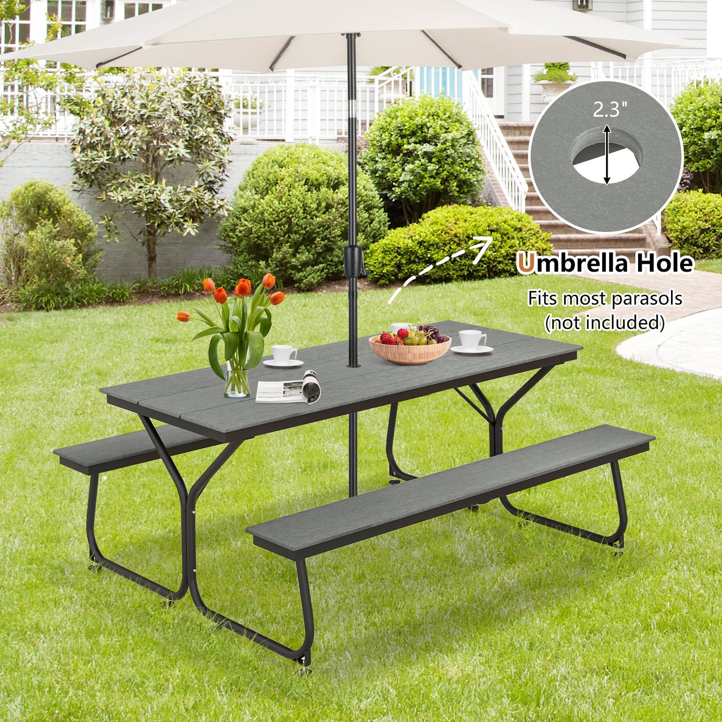 6 Feet Outdoor Picnic Table Bench Set for 6-8 People, Gray - Gallery Canada