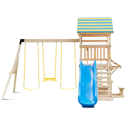 Wooden Swing Set With Large Upper Deck Slide, Steering Wheel, Multicolor Swing & Playsets Multicolor at Gallery Canada