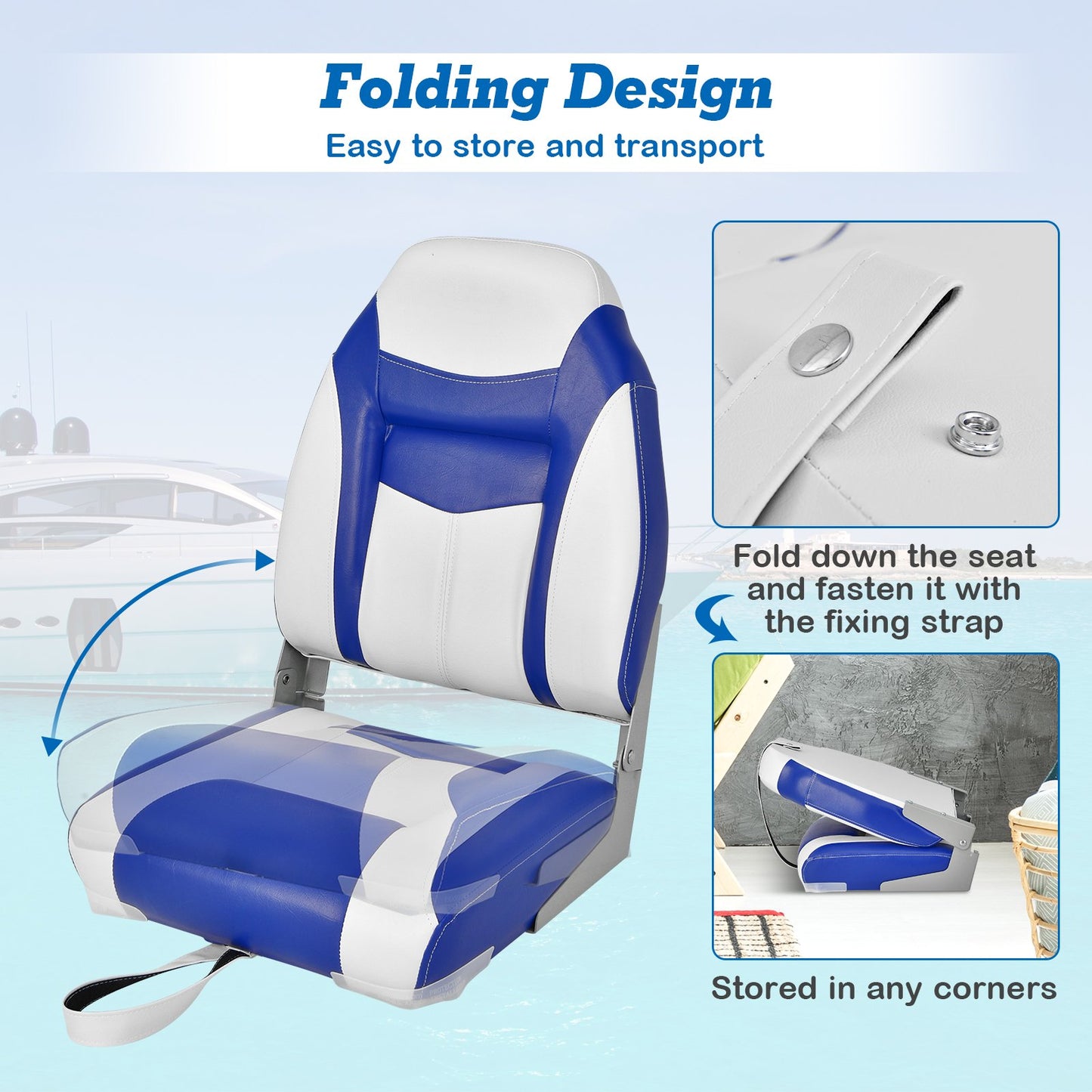 High Back Folding Boat Seats with Blue White Sponge Cushion and Flexible Hinges, Blue