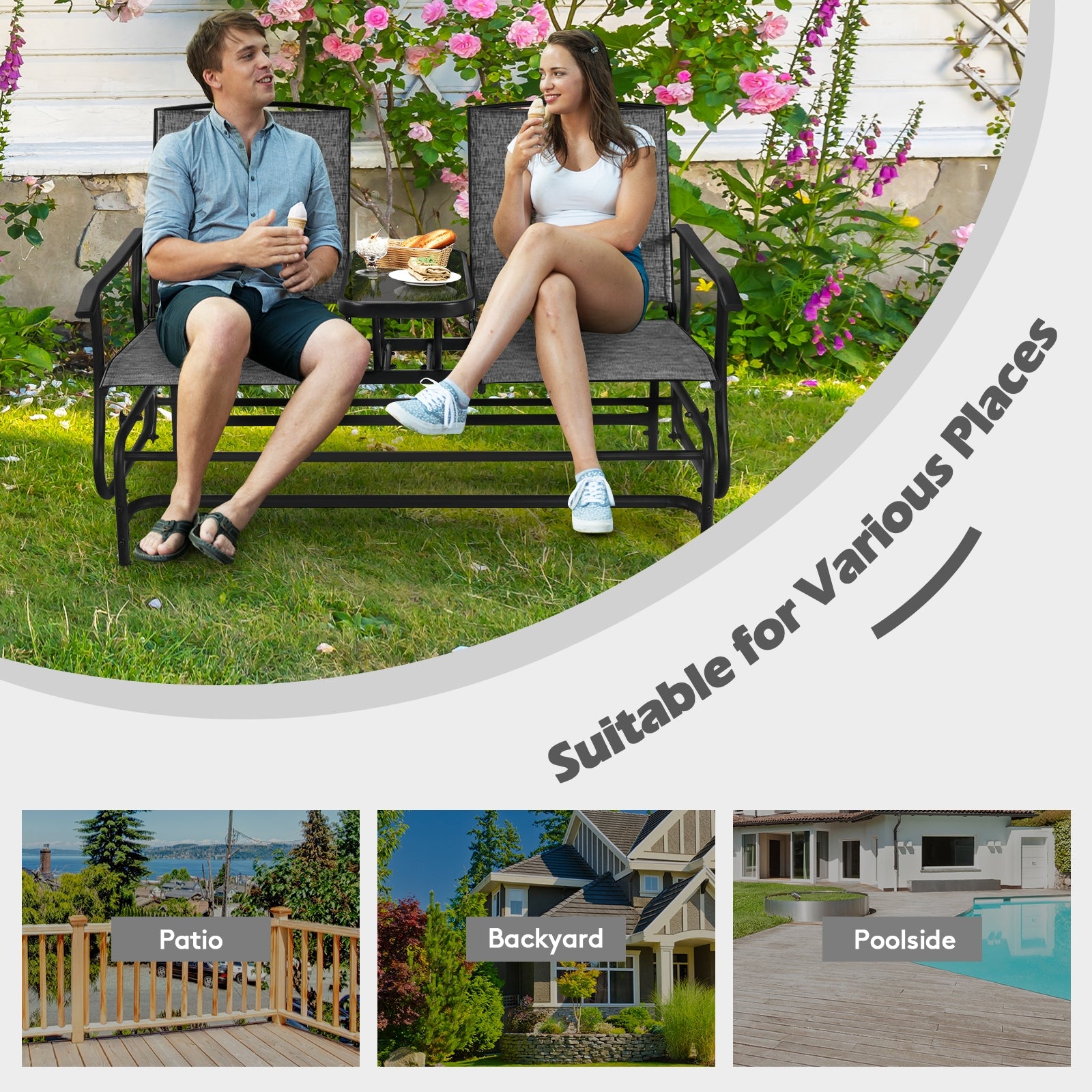 2-Person Double Rocking Loveseat with Mesh Fabric and Center Tempered Glass Table, Gray Patio Conversation Sets at Gallery Canada