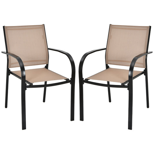 Set Of 2 Patio Stackable Dining Chairs, With Armrests, Brown