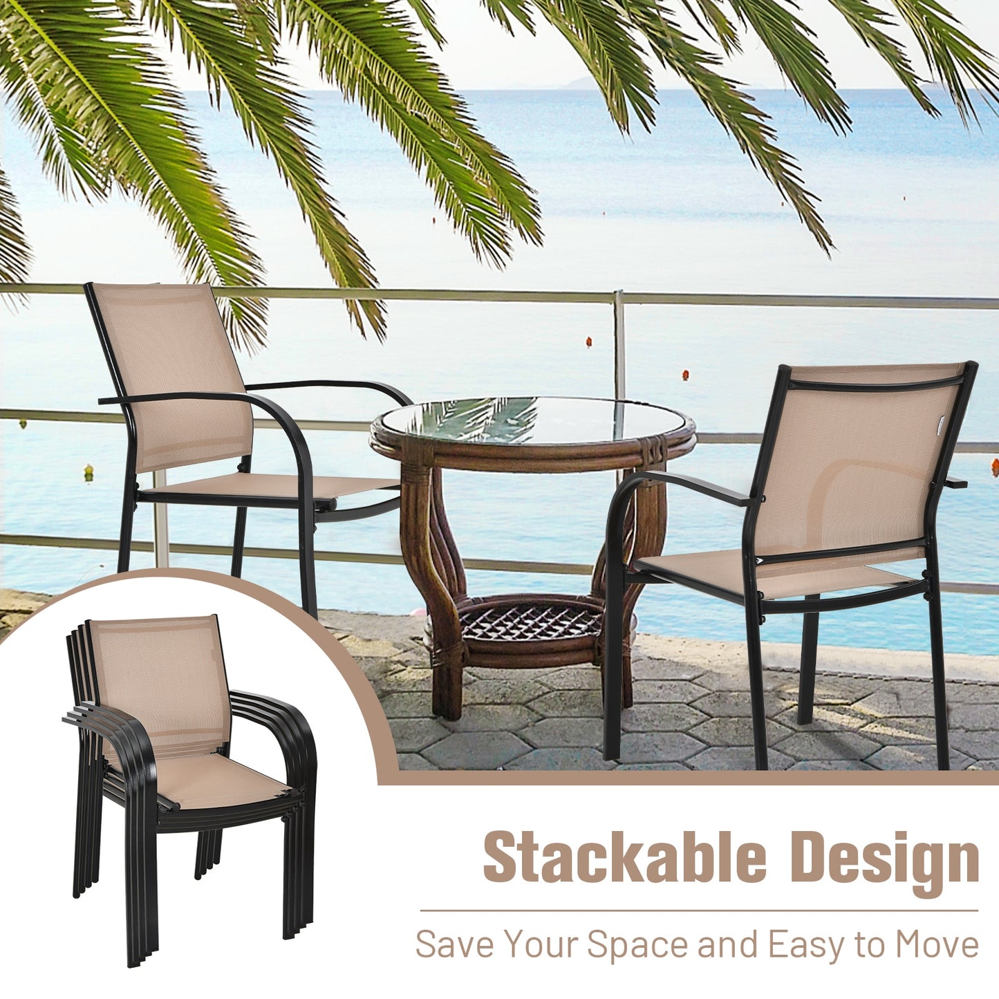 Set of 2 Patio Stackable Dining Chairs with Armrests Garden Deck, Brown Patio Dining Chairs at Gallery Canada