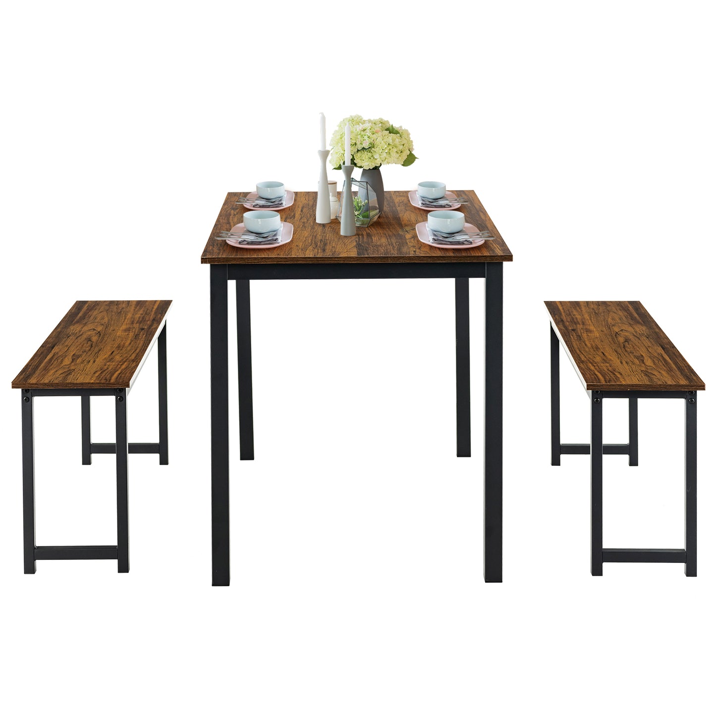 3 Pieces Dining Table Set with 2 Benches for Dining Room Kitchen Bar, Brown Dining Room Sets at Gallery Canada