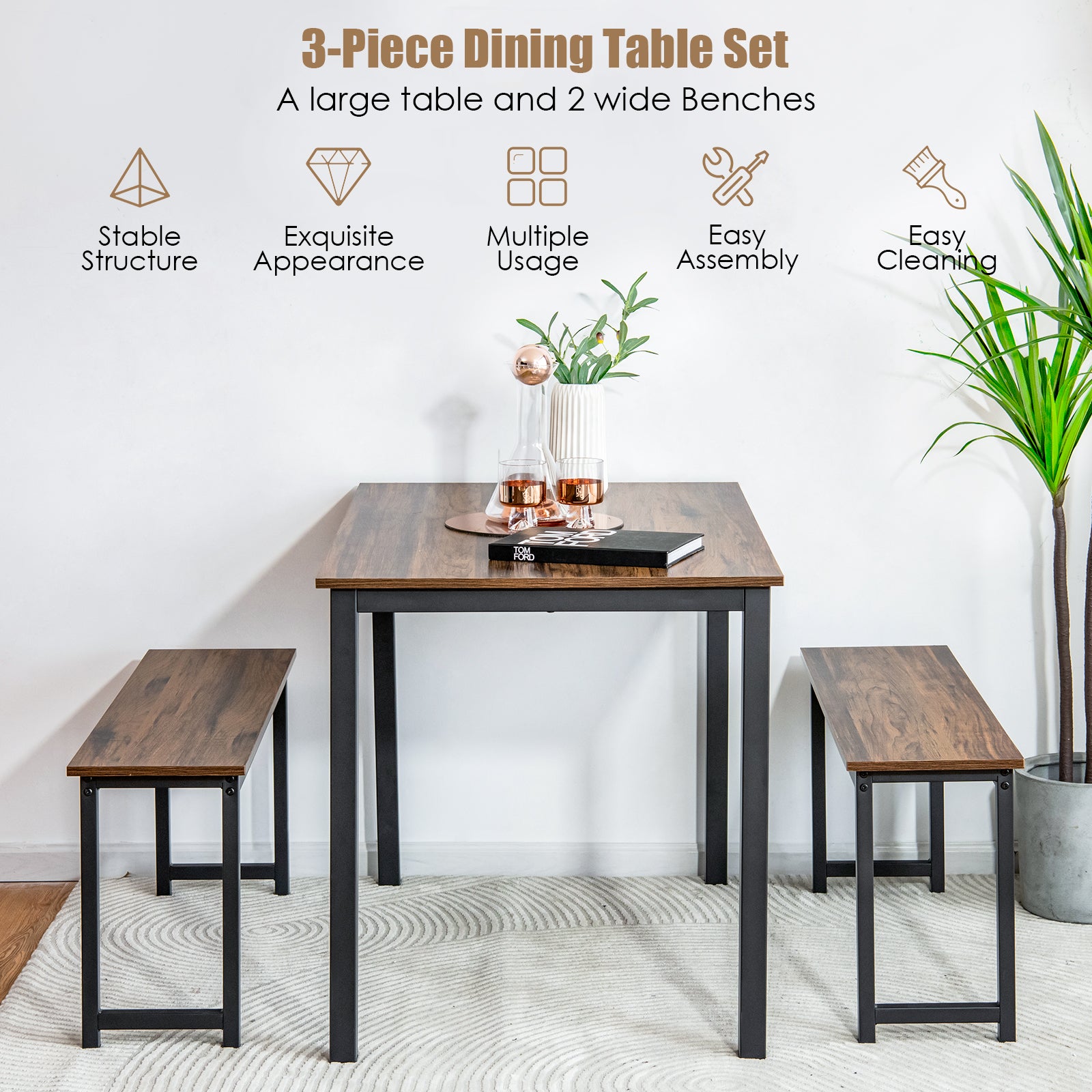 3 Pieces Dining Table Set with 2 Benches for Dining Room Kitchen Bar, Brown Dining Room Sets at Gallery Canada