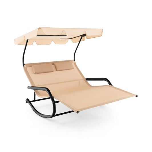 Outdoor 2 Persons Rocking Chaise Lounge with Canopy and Wheels, Beige Patio Rocking Chairs & Gliders Beige at Gallery Canada