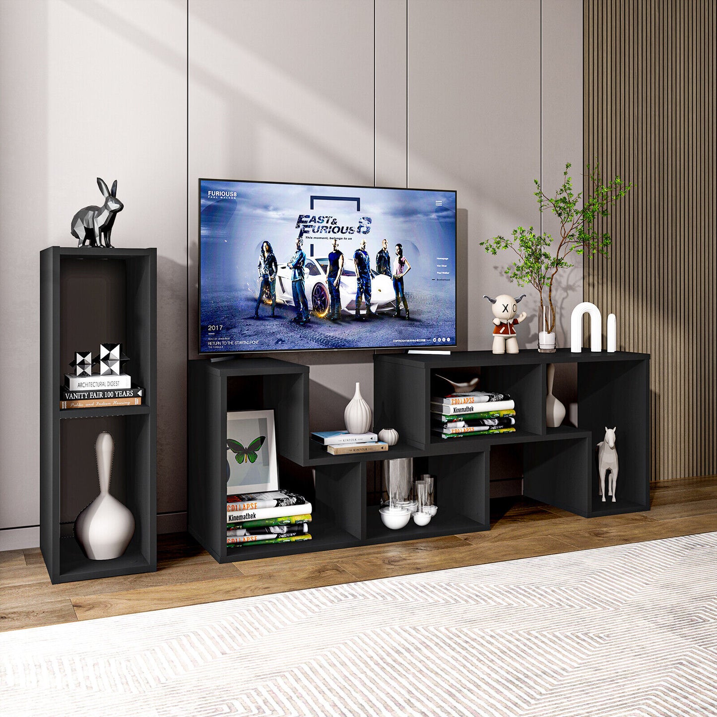 3 Pieces Adjustable TV Stand for TVs up to 65 Inch with Shelves, Black Entertainment Centers & TV Stands at Gallery Canada