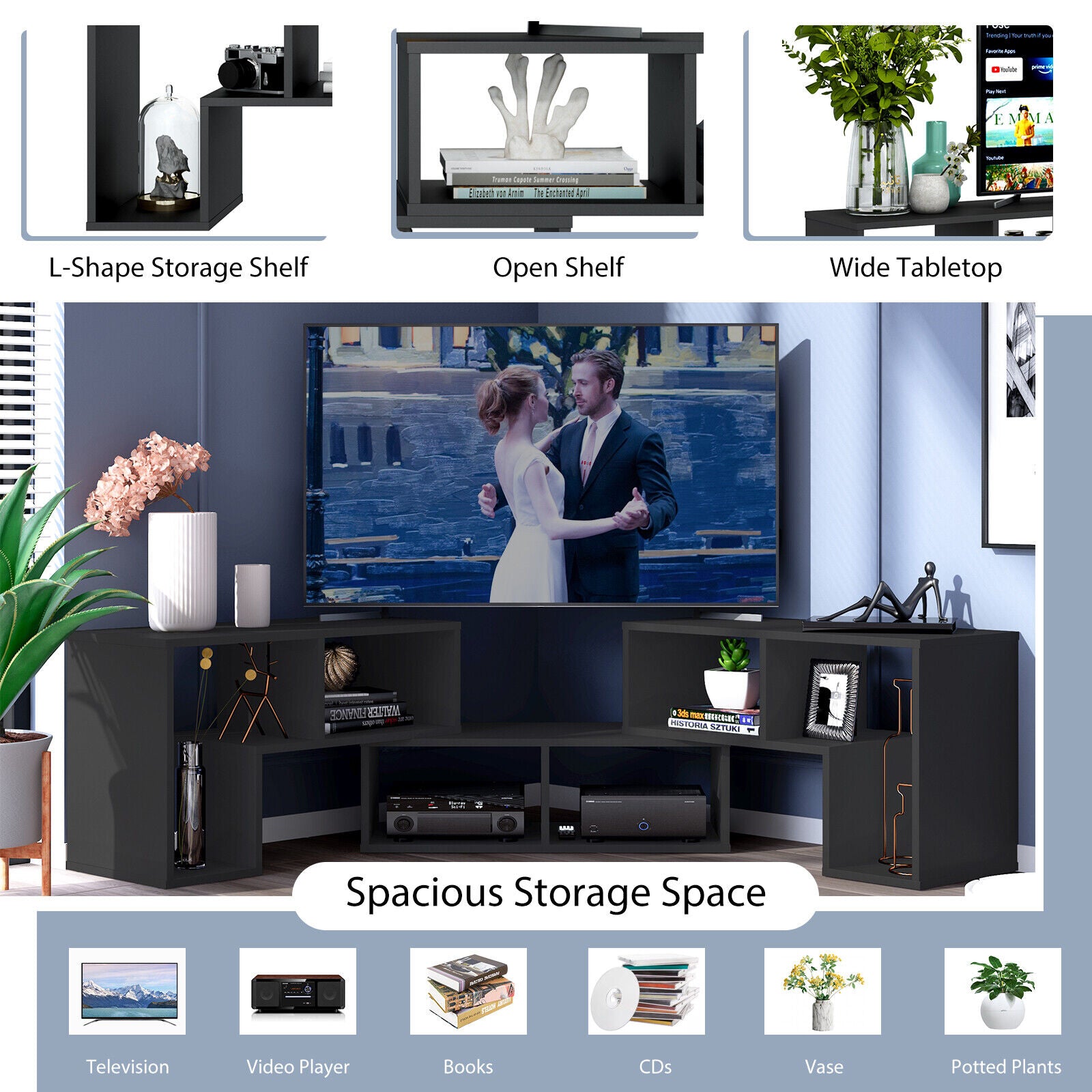 3 Pieces Adjustable TV Stand for TVs up to 65 Inch with Shelves, Black Entertainment Centers & TV Stands at Gallery Canada