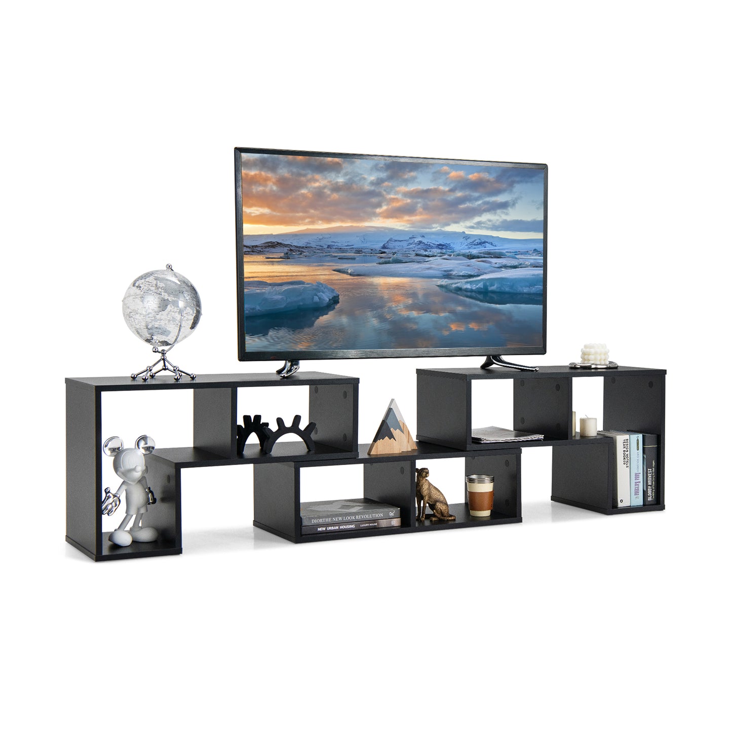 Adjustable TV Stand For 65 Inch TVs, With Shelves, Black Entertainment Centers & TV Stands Black at Gallery Canada