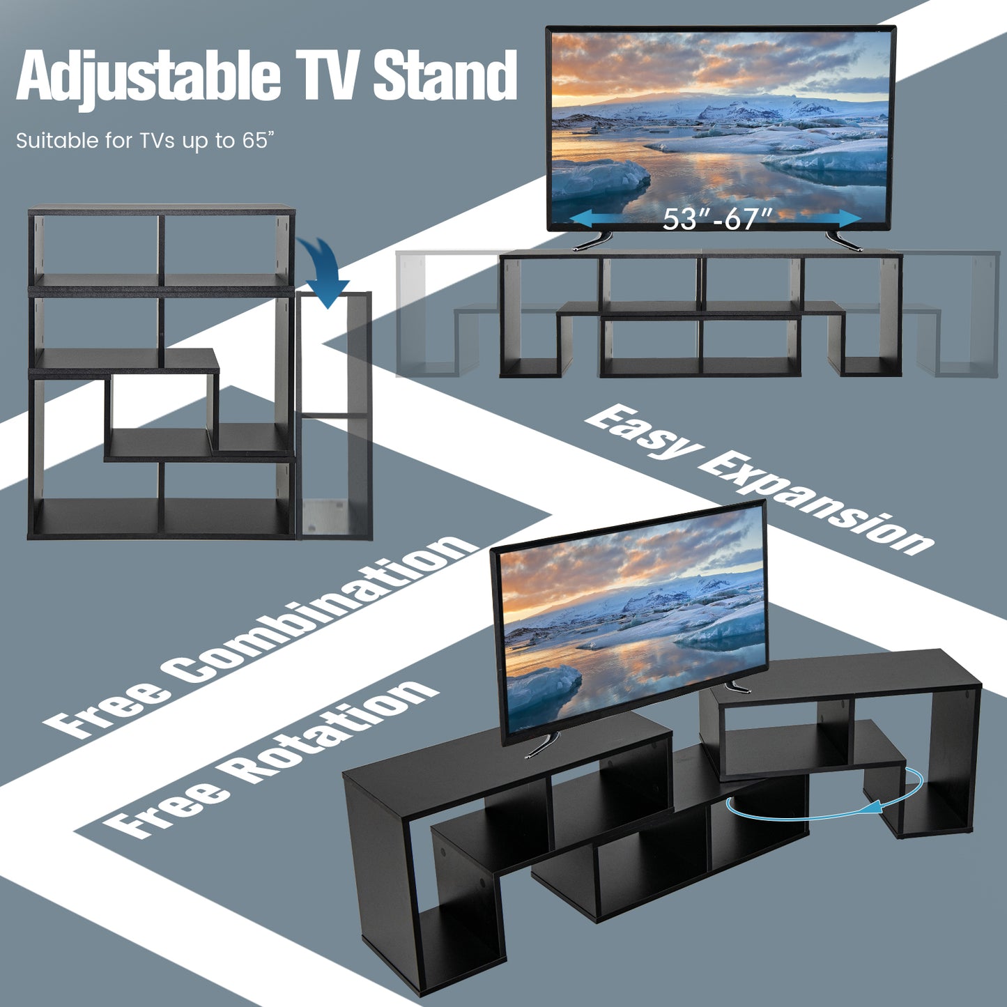 3 Pieces Adjustable TV Stand for TVs up to 65 Inch with Shelves, Black Entertainment Centers & TV Stands at Gallery Canada