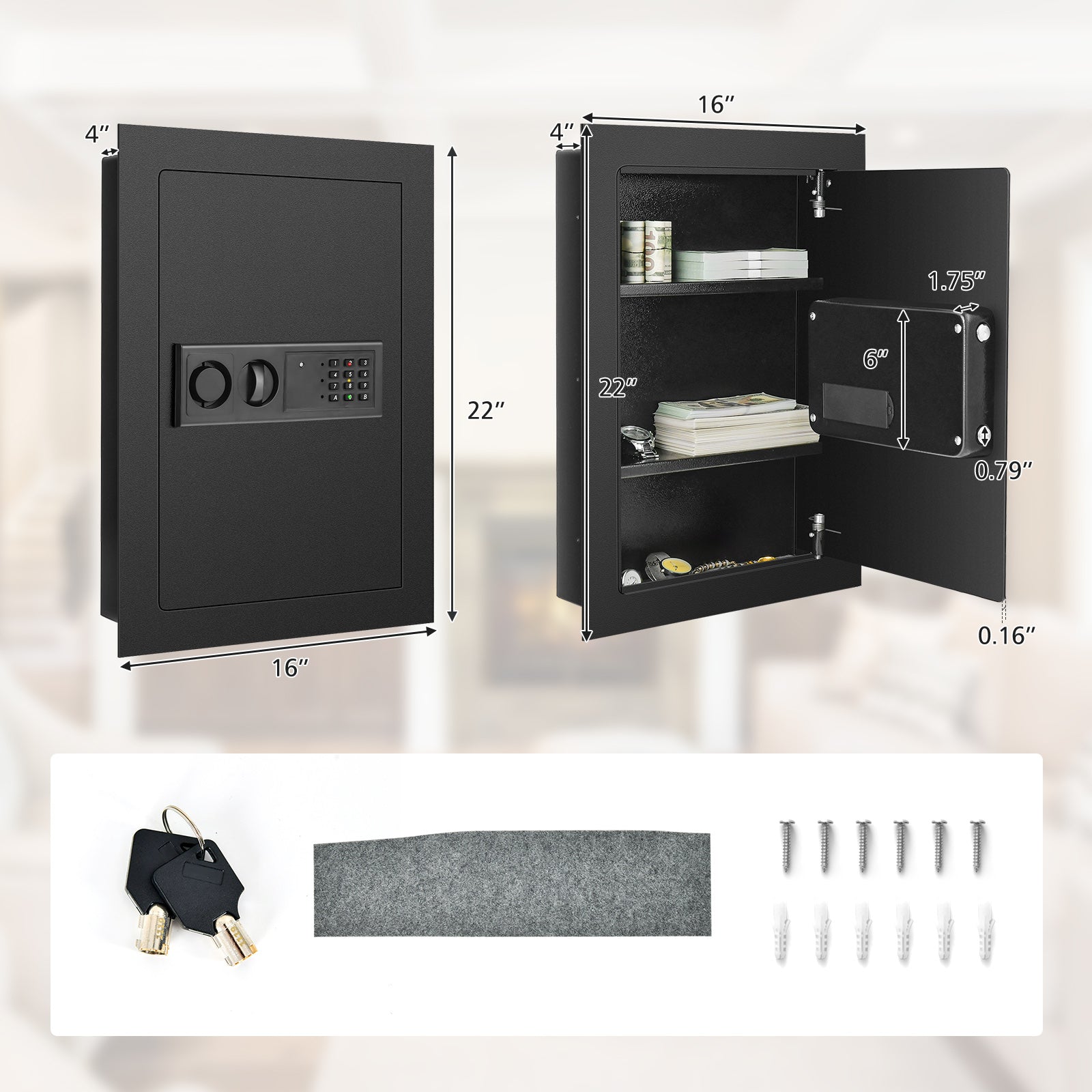 Digital Flat Recessed Wall Safe Security Lock Gun Cash Box, Black Safe Box at Gallery Canada