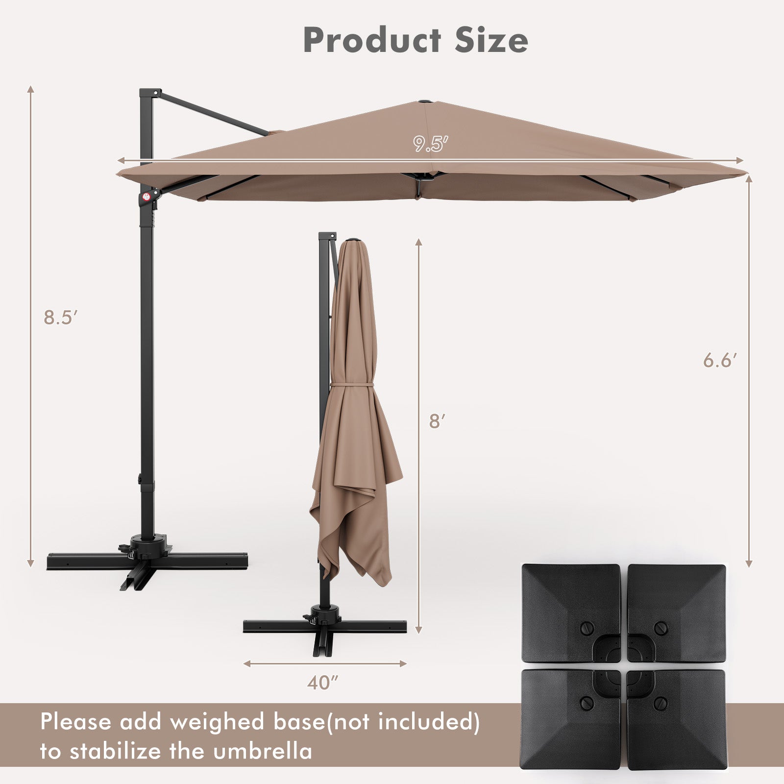 9.5 Feet Square Patio Cantilever Umbrella with 360° Rotation, Coffee Outdoor Umbrellas at Gallery Canada