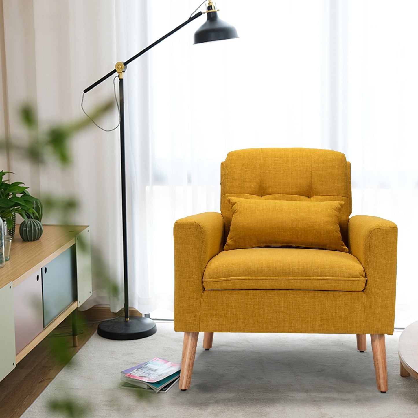 Linen Fabric Single Sofa Armchair with Waist Pillow for Living Room, Yellow - Gallery Canada