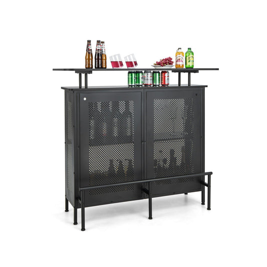 4-Tier Liquor Bar Table with 6 Glass Holders and Metal Footrest, Black