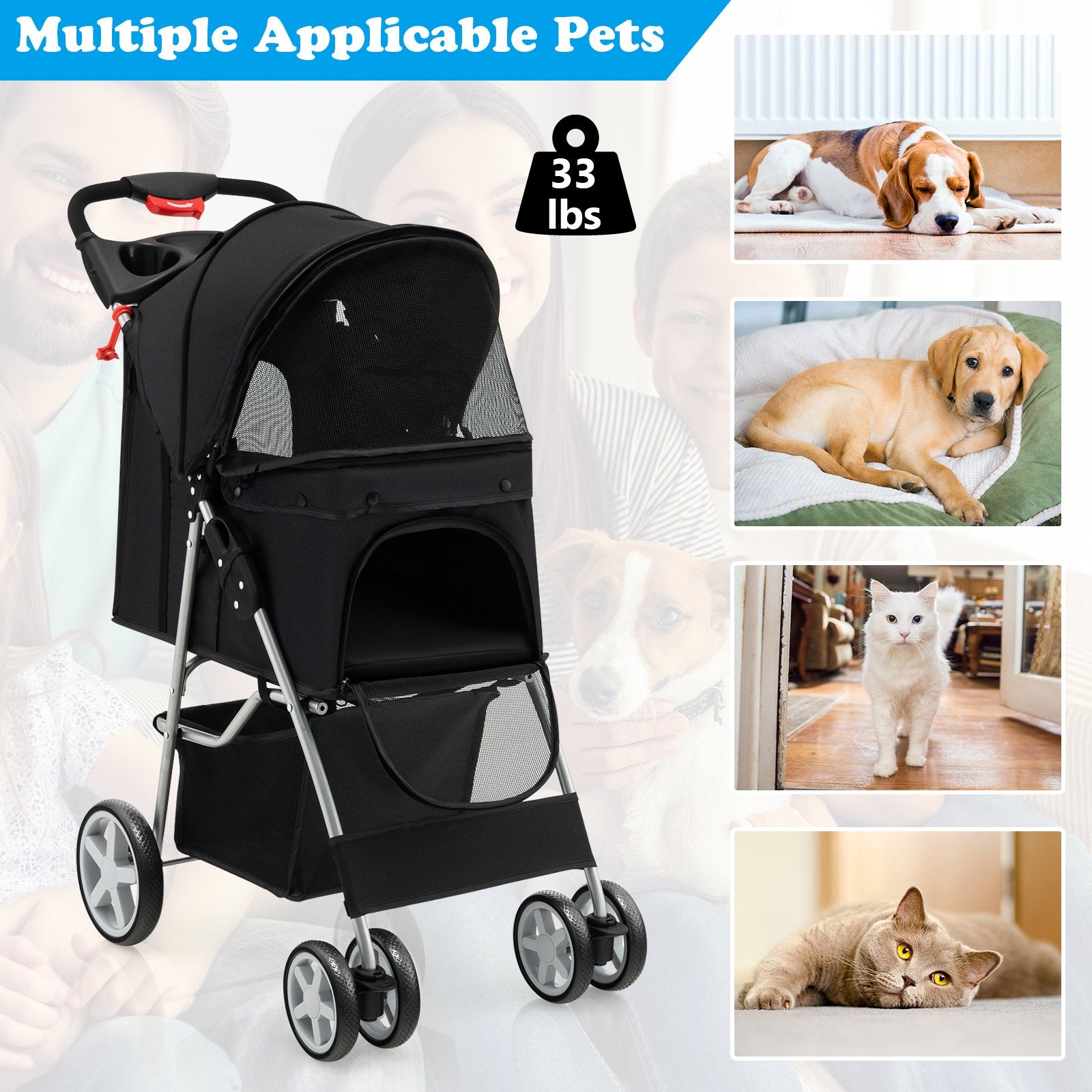 Folding Pet Stroller with Storage Basket and Adjustable Canopy, Black - Gallery Canada