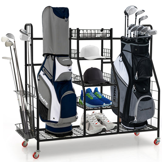 Double Golf Bag Rack With Removable Club Stand And Wheels, Black