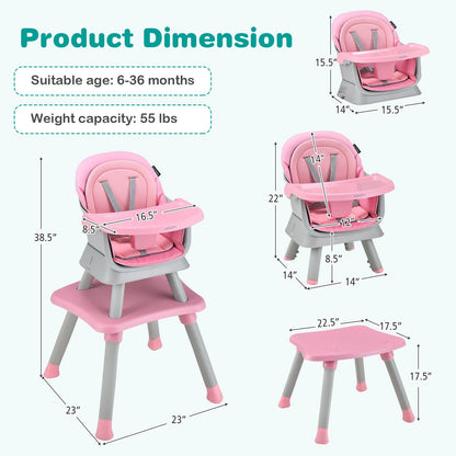 6-in-1 Convertible Baby High Chair with Adjustable Removable Tray, Pink