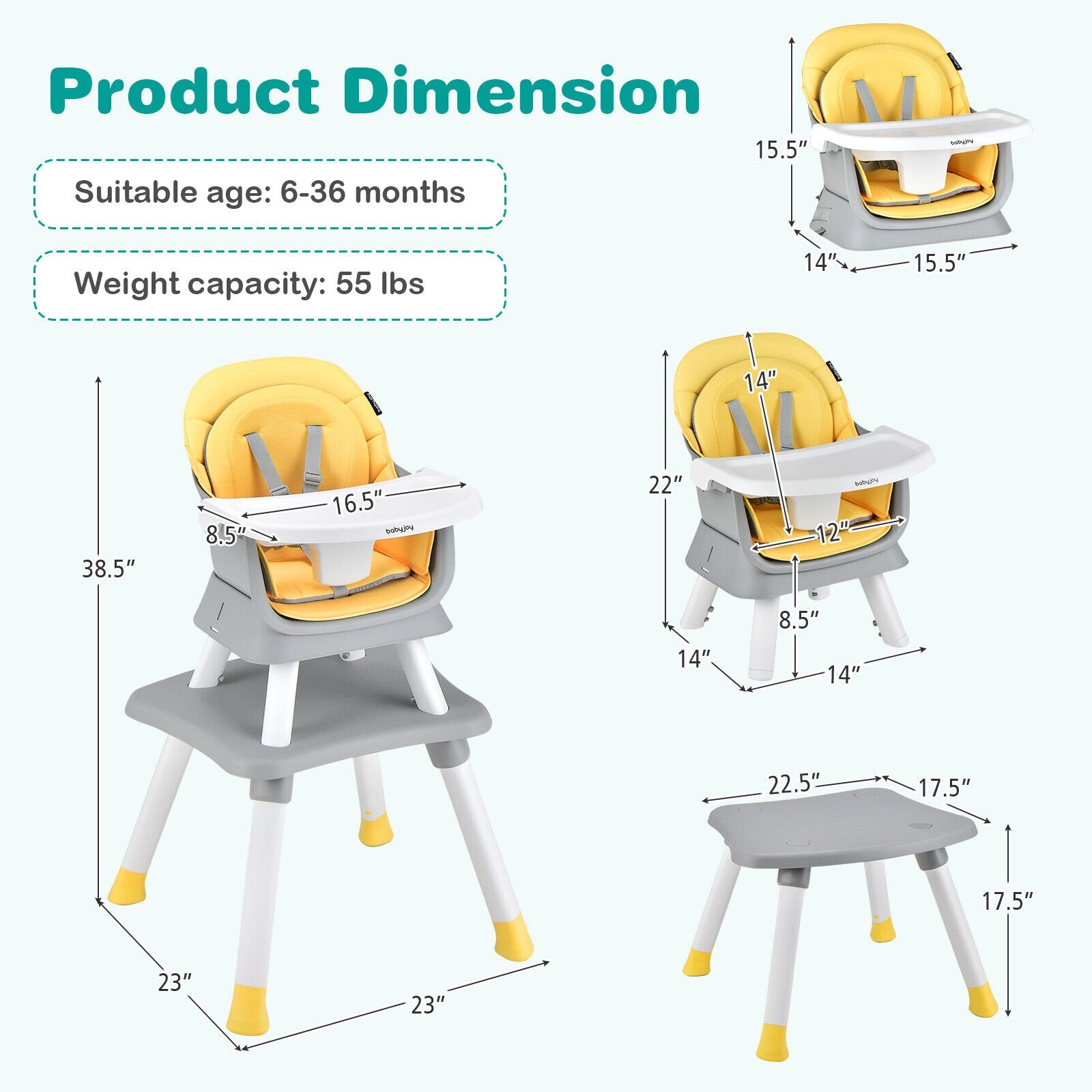 6-in-1 Convertible Baby High Chair with Adjustable Removable Tray, Yellow at Gallery Canada